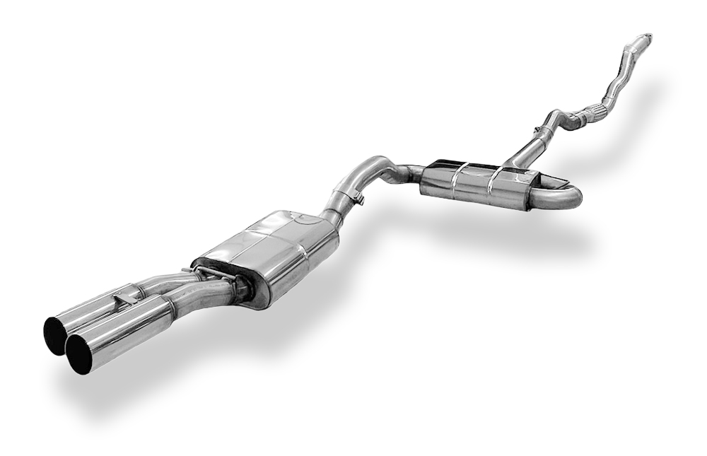 Fox Audi A4 B5 - Frontantrieb Komplettanlage, bestehend aus Endschalldämpfer 2x80 Typ 10, Vorschalldämpfert und Downpipe 76mm mit 300-Zellen-HJS Katalysator